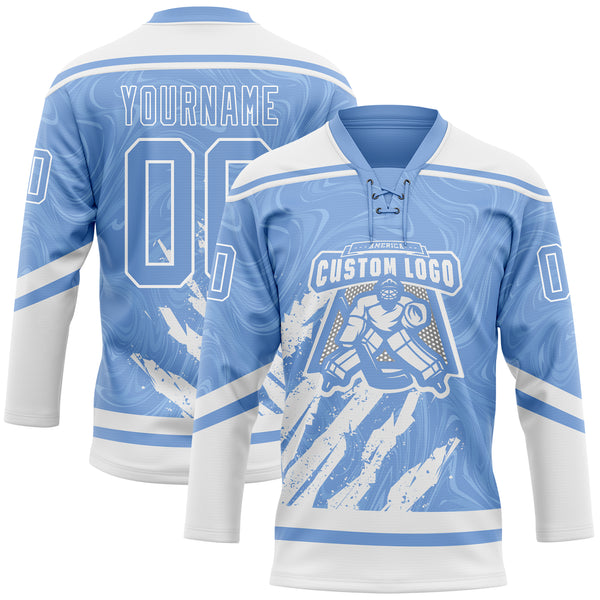 Custom Light Blue White 3D Splash Art Hockey Lace Neck Jersey