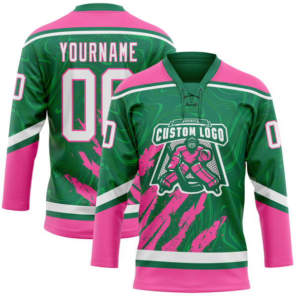Custom Kelly Green White-Pink 3D Splash Art Hockey Lace Neck Jersey