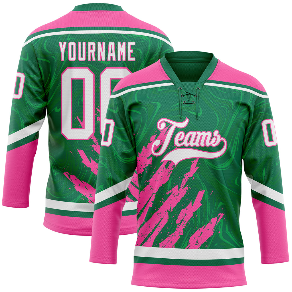 Custom Kelly Green White-Pink 3D Splash Art Hockey Lace Neck Jersey