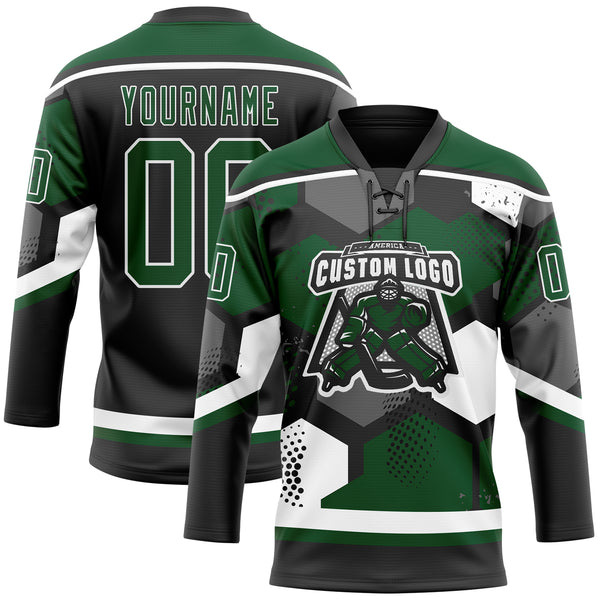 Custom Green Black-White 3D Pattern Geometric Shape Hockey Lace Neck Jersey