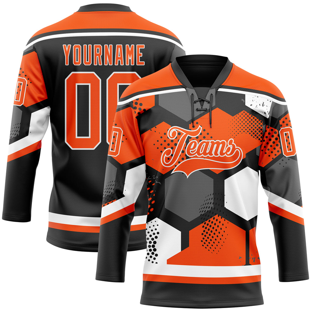 Custom Orange Black-White 3D Pattern Geometric Shape Hockey Lace Neck Jersey