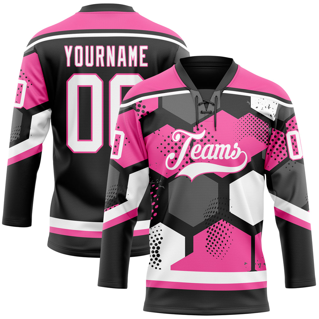 Custom Pink White-Black 3D Pattern Geometric Shape Hockey Lace Neck Jersey
