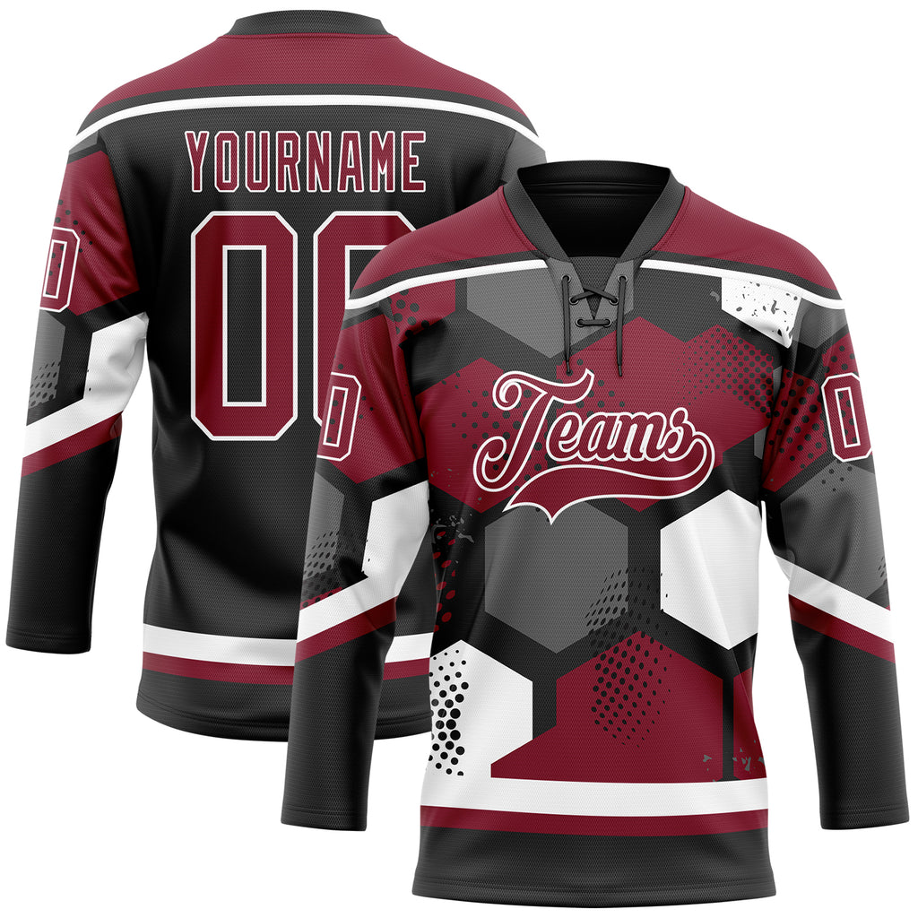 Custom Crimson Black-White 3D Pattern Geometric Shape Hockey Lace Neck Jersey