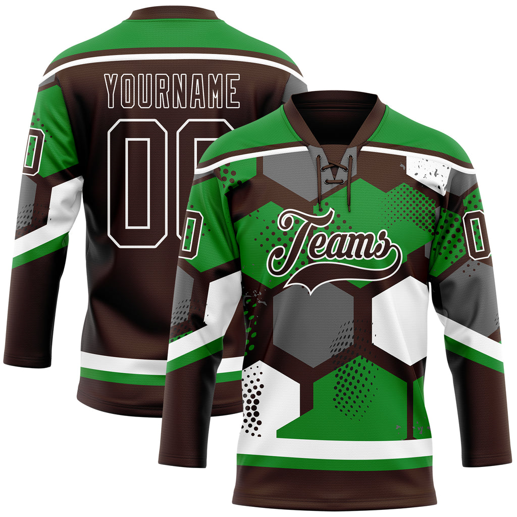 Custom Grass Green Brown-White 3D Pattern Geometric Shape Hockey Lace Neck Jersey