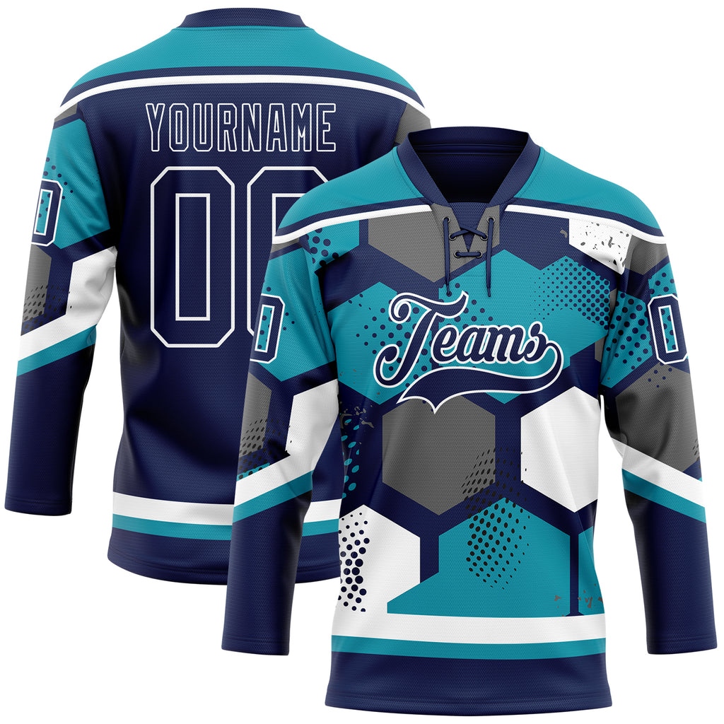 Custom Teal Navy-White 3D Pattern Geometric Shape Hockey Lace Neck Jersey