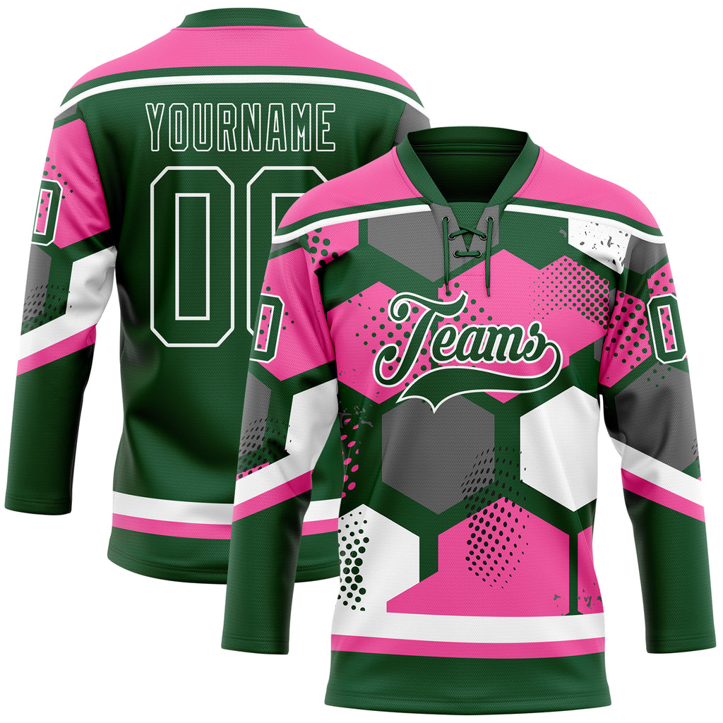 Custom Pink Green-White 3D Pattern Geometric Shape Hockey Lace Neck Jersey