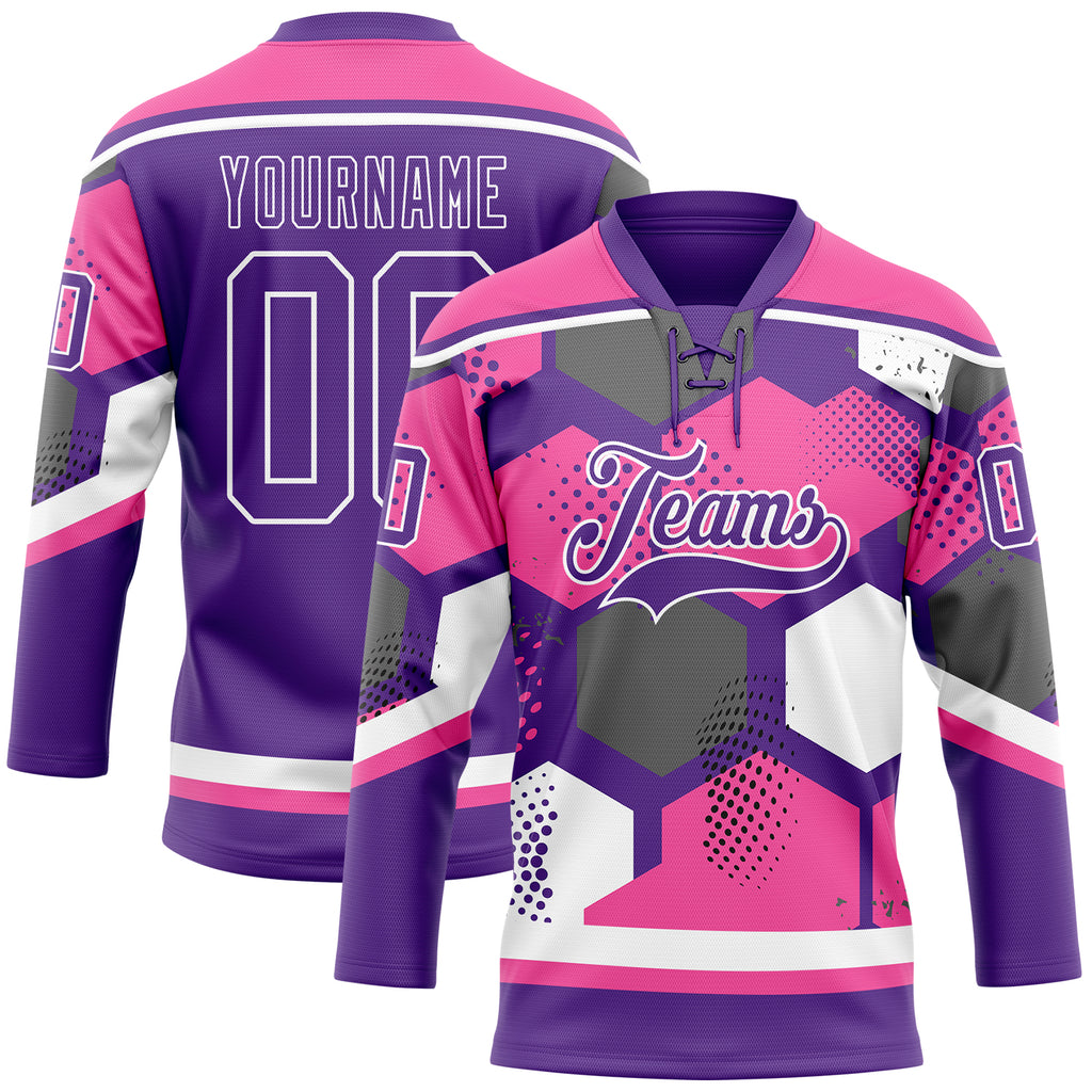 Custom Pink Purple-White 3D Pattern Geometric Shape Hockey Lace Neck Jersey