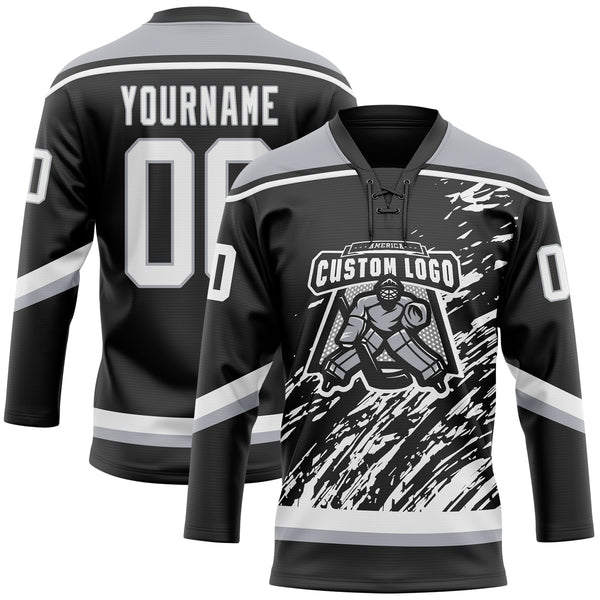 Custom Black White-Gray 3D Splash Art Hockey Lace Neck Jersey
