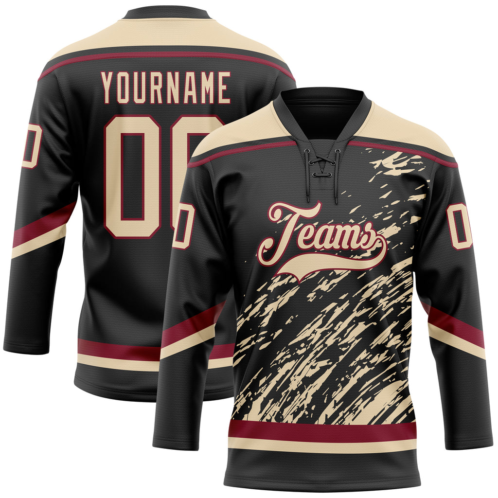 Custom Black City Cream-Crimson 3D Splash Art Hockey Lace Neck Jersey
