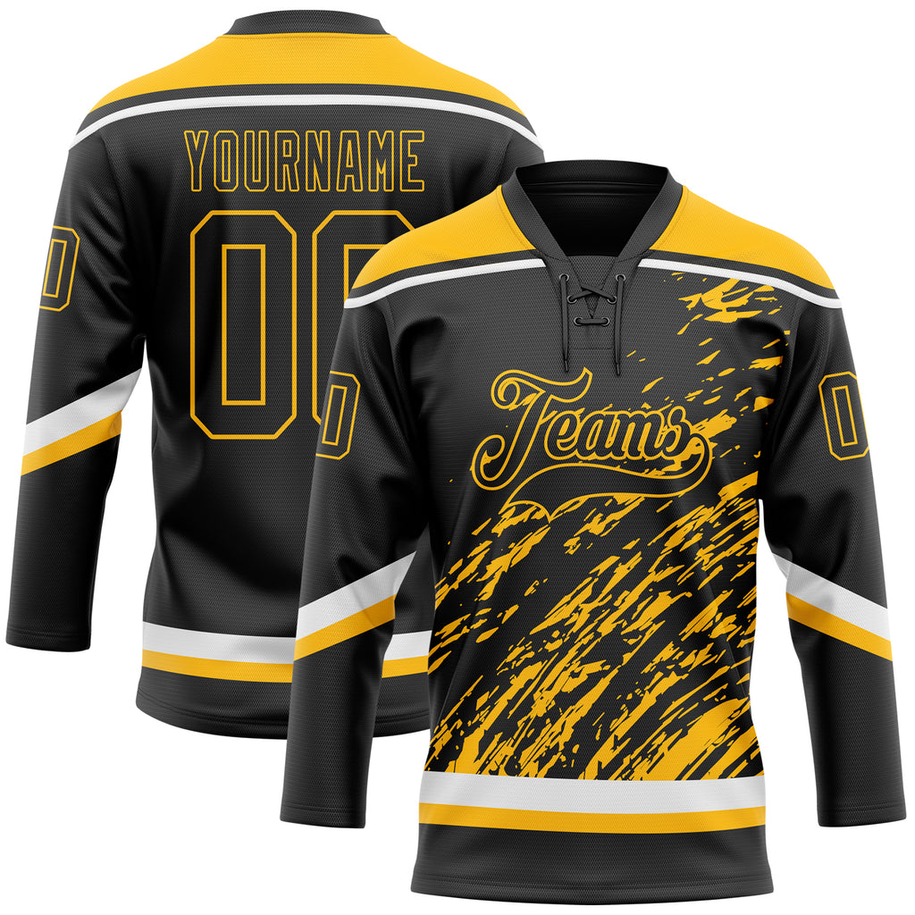Custom Black Gold-White 3D Splash Art Hockey Lace Neck Jersey