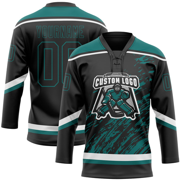 Custom Black Teal-White 3D Splash Art Hockey Lace Neck Jersey