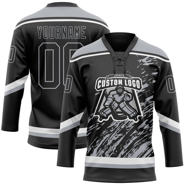 Custom Black Gray-White 3D Splash Art Hockey Lace Neck Jersey