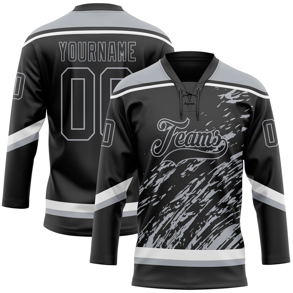 Custom Black Gray-White 3D Splash Art Hockey Lace Neck Jersey