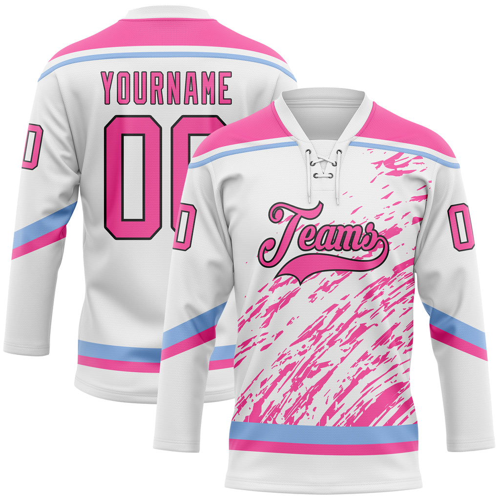 Custom White Pink Light Blue-Black 3D Splash Art Hockey Lace Neck Jersey