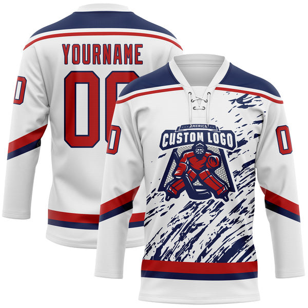 Custom White Red-Navy 3D Splash Art Hockey Lace Neck Jersey