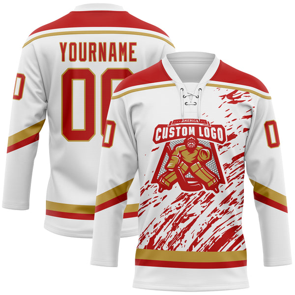 Custom White Red-Old Gold 3D Splash Art Hockey Lace Neck Jersey