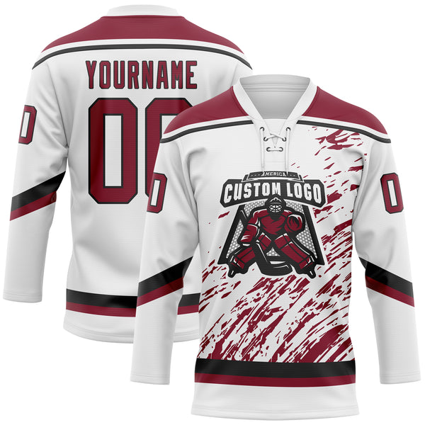 Custom White Crimson-Black 3D Splash Art Hockey Lace Neck Jersey