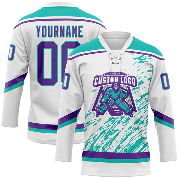 Custom White Purple-Aqua 3D Splash Art Hockey Lace Neck Jersey