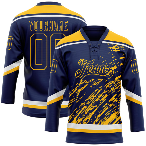 Custom Navy Gold-White 3D Splash Art Hockey Lace Neck Jersey