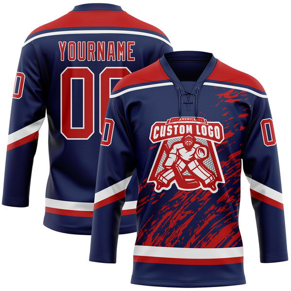 Custom Navy Red-White 3D Splash Art Hockey Lace Neck Jersey