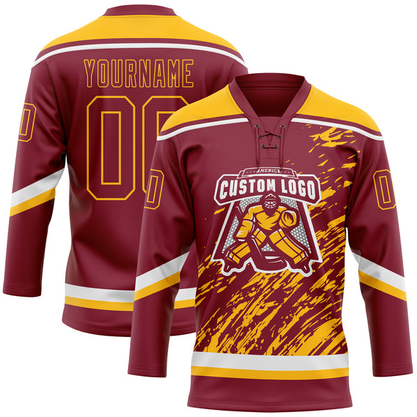 Custom Crimson Gold-White 3D Splash Art Hockey Lace Neck Jersey