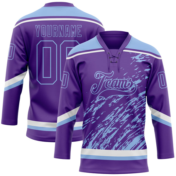 Custom Purple Light Blue-White 3D Splash Art Hockey Lace Neck Jersey
