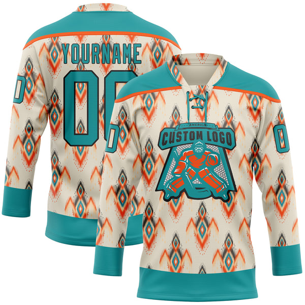 Custom Cream Teal Orange-Black 3D Pattern Native Americans Tribal Indigenous People Hockey Lace Neck Jersey