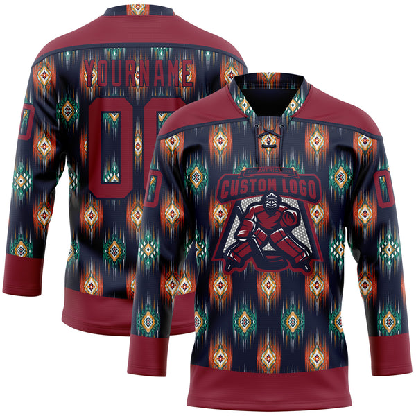 Custom Navy Crimson 3D Pattern Native Americans Tribal Indigenous People Hockey Lace Neck Jersey
