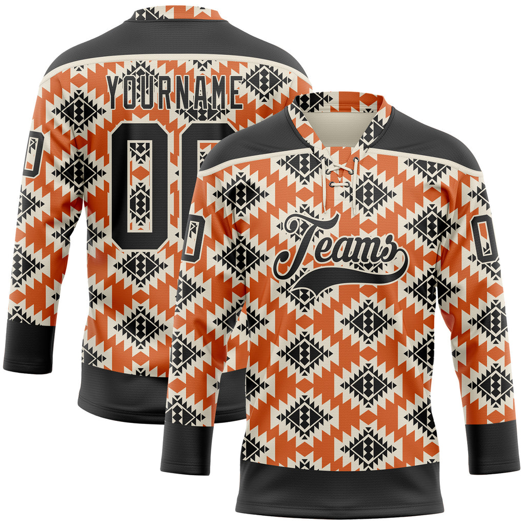 Custom Black Orange-Cream 3D Pattern Native Americans Tribal Indigenous People Hockey Lace Neck Jersey