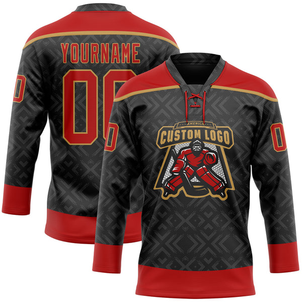 Custom Black Red-Old Gold 3D Pattern Native Americans Tribal Indigenous People Hockey Lace Neck Jersey
