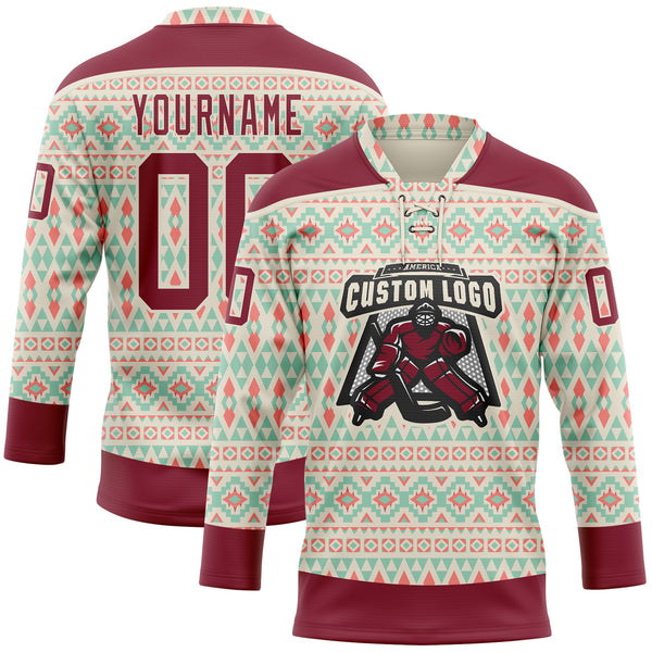 Custom Cream Crimson 3D Pattern Native Americans Tribal Indigenous People Hockey Lace Neck Jersey