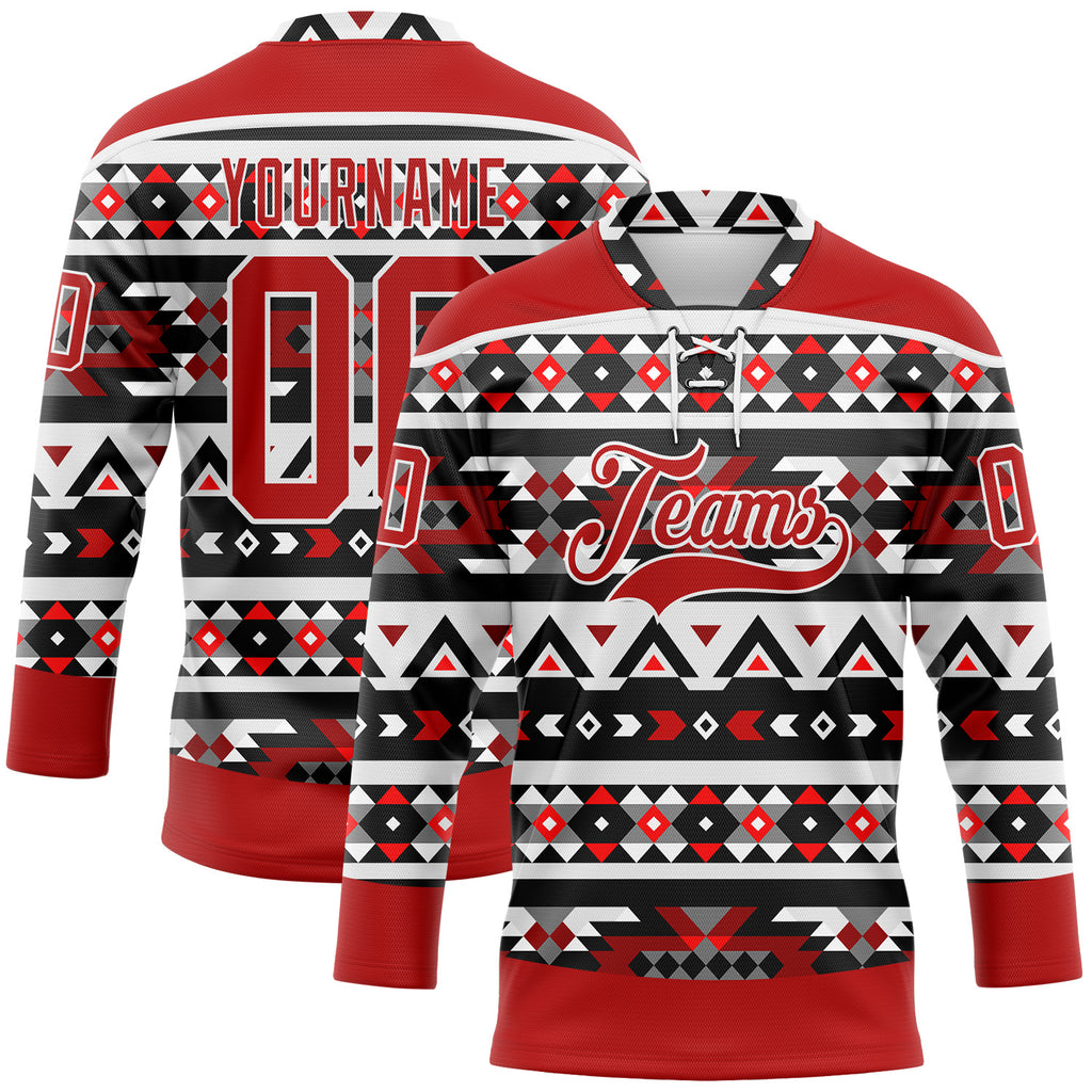 Custom Red Black-White 3D Pattern Native Americans Tribal Indigenous People Hockey Lace Neck Jersey