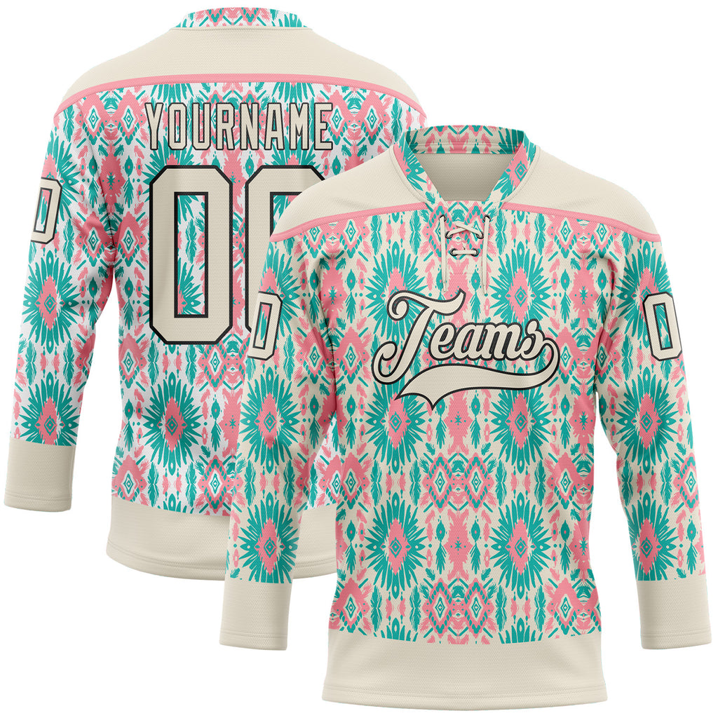 Custom Cream Green Black-Medium Pink 3D Pattern Native Americans Tribal Indigenous People Hockey Lace Neck Jersey