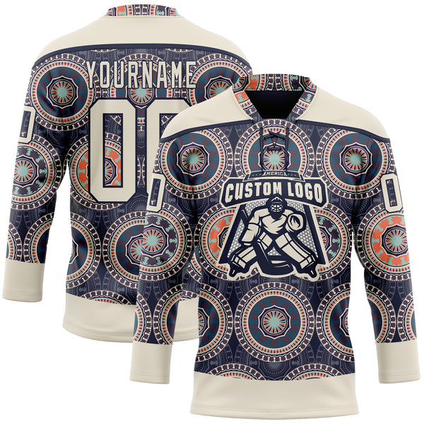 Custom Navy Cream-Orange 3D Pattern Native Americans Tribal Indigenous People Hockey Lace Neck Jersey