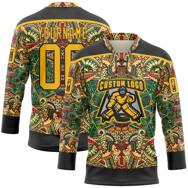 Custom Black Gold 3D Pattern Native Americans Tribal Indigenous People Hockey Lace Neck Jersey