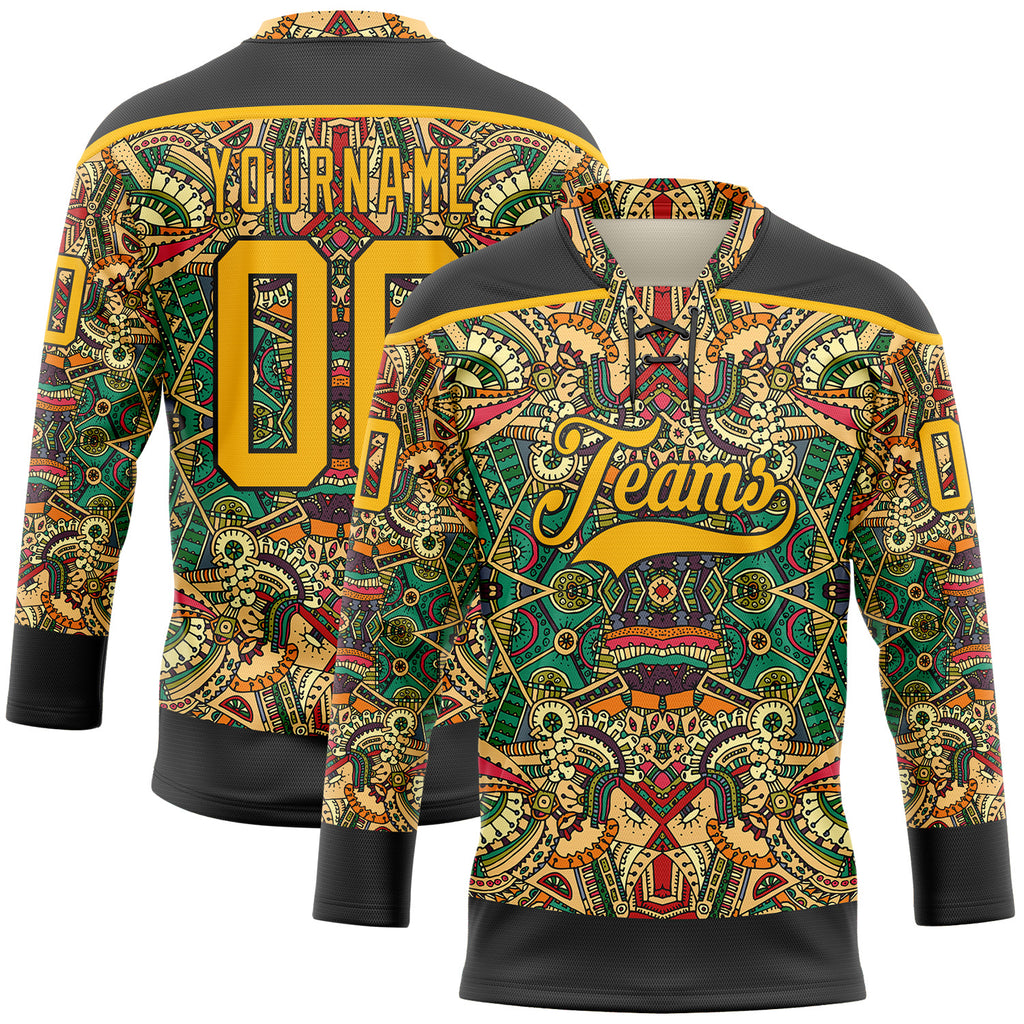 Custom Black Gold 3D Pattern Native Americans Tribal Indigenous People Hockey Lace Neck Jersey