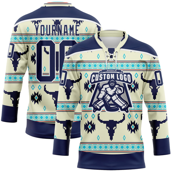 Custom Cream Navy-White 3D Pattern Native Americans Tribal Indigenous People Hockey Lace Neck Jersey