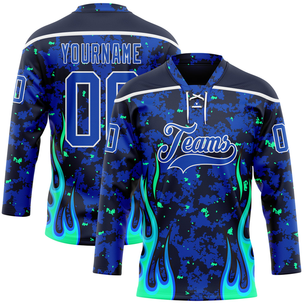 Custom Camo Thunder Blue Navy Green-White 3D Camouflage Flame Hockey Lace Neck Jersey