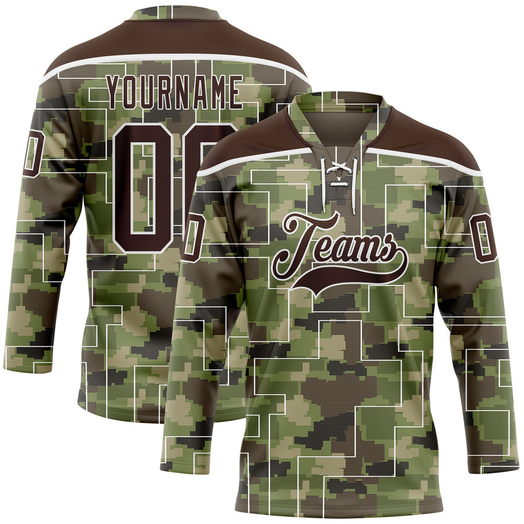 Custom Camo Brown-White 3D Camouflage Pixel Hockey Lace Neck Jersey