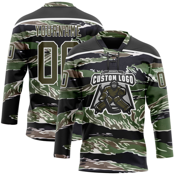 Custom Camo Olive Black-White 3D Camouflage Hockey Lace Neck Jersey
