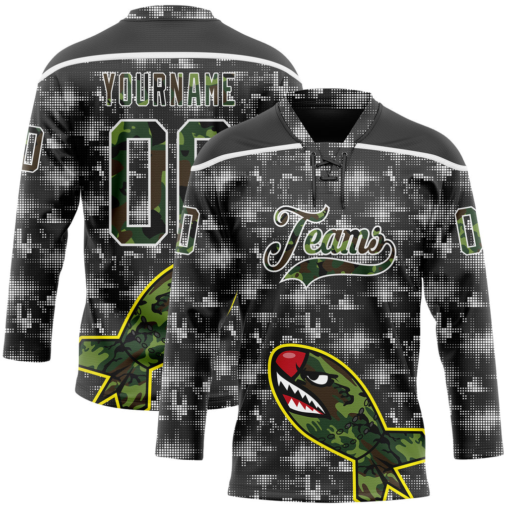 Custom Camo Black-White 3D Camouflage Digital Hockey Lace Neck Jersey