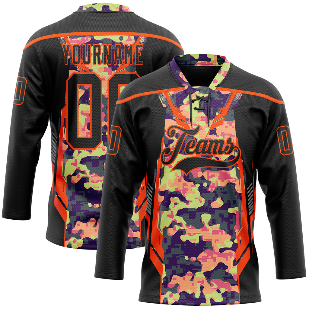 Custom Camo Black-Orange 3D Camouflage Pixel Hockey Lace Neck Jersey