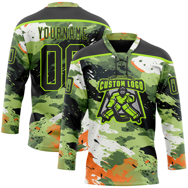 Custom Camo Black-Neon Green 3D Camouflage Hockey Lace Neck Jersey
