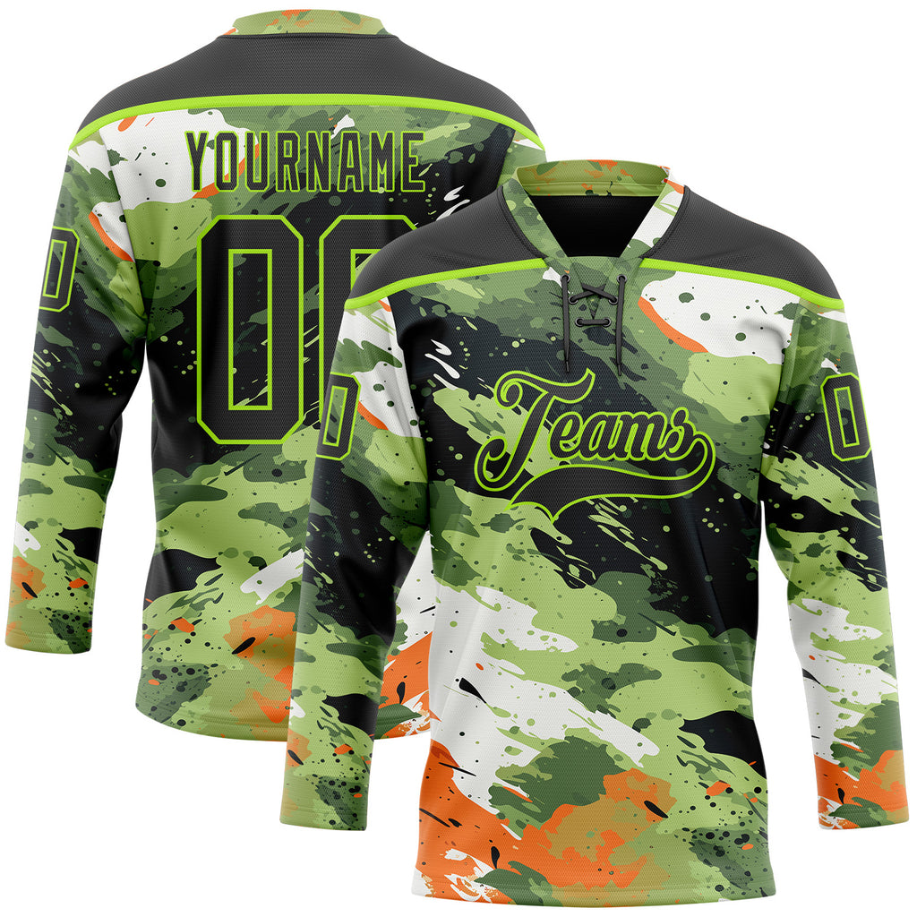 Custom Camo Black-Neon Green 3D Camouflage Hockey Lace Neck Jersey
