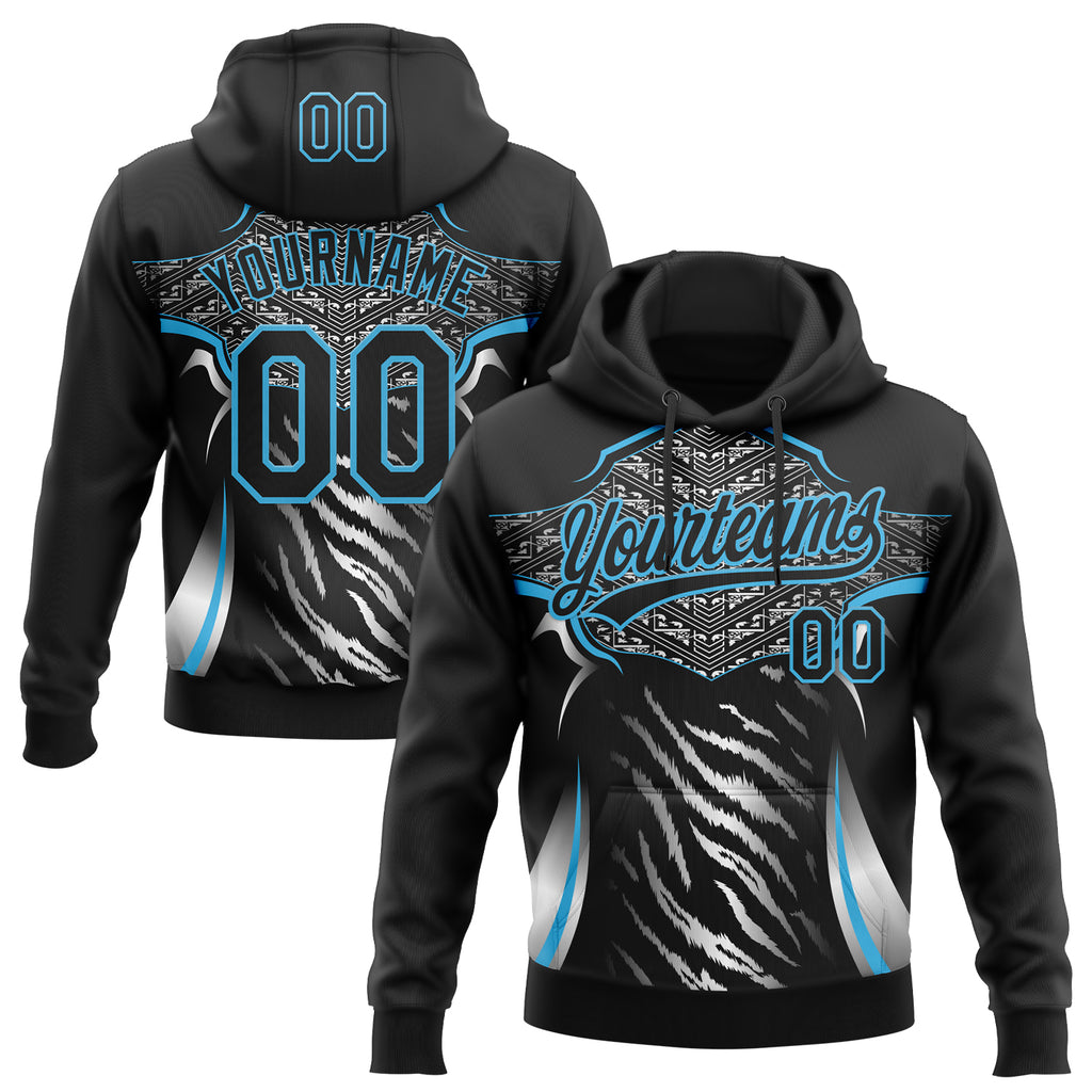 Custom Stitched Black Sky Blue-White 3D Pattern Design E-sports Pullover Sweatshirt Hoodie
