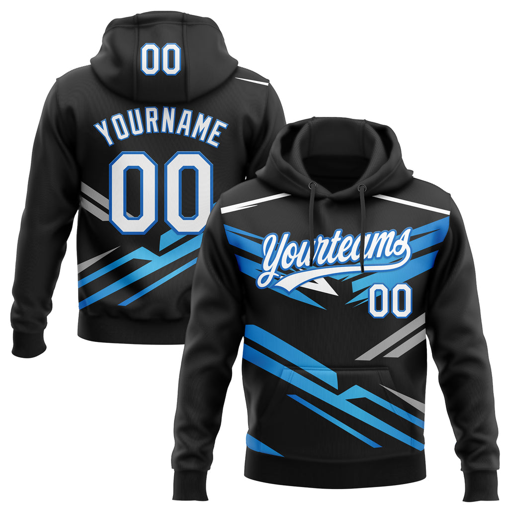 Custom Stitched Black White-Sky Blue 3D Pattern Design E-sports Pullover Sweatshirt Hoodie