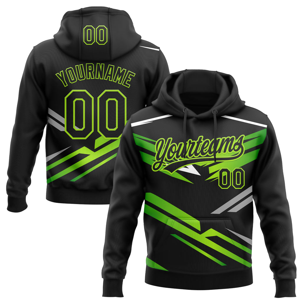 Custom Stitched Black Neon Green-White 3D Pattern Design E-sports Pullover Sweatshirt Hoodie