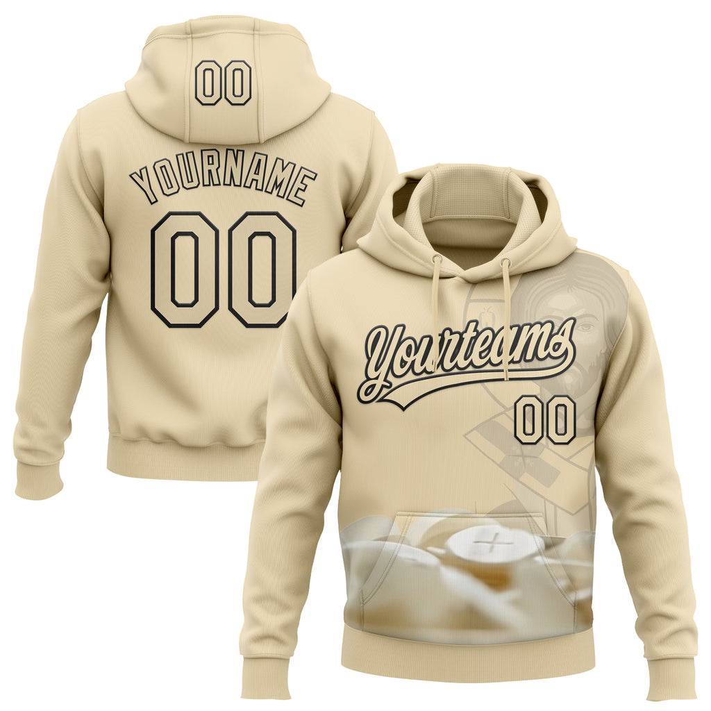 Custom Stitched Cream Black 3D Pattern Design Religion Jesus Christ Pullover Sweatshirt Hoodie