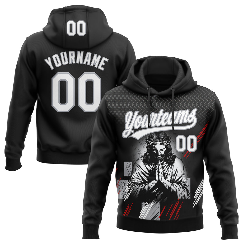 Custom Stitched Black White Gray-Red 3D Pattern Design Religion Jesus Christ Pullover Sweatshirt Hoodie
