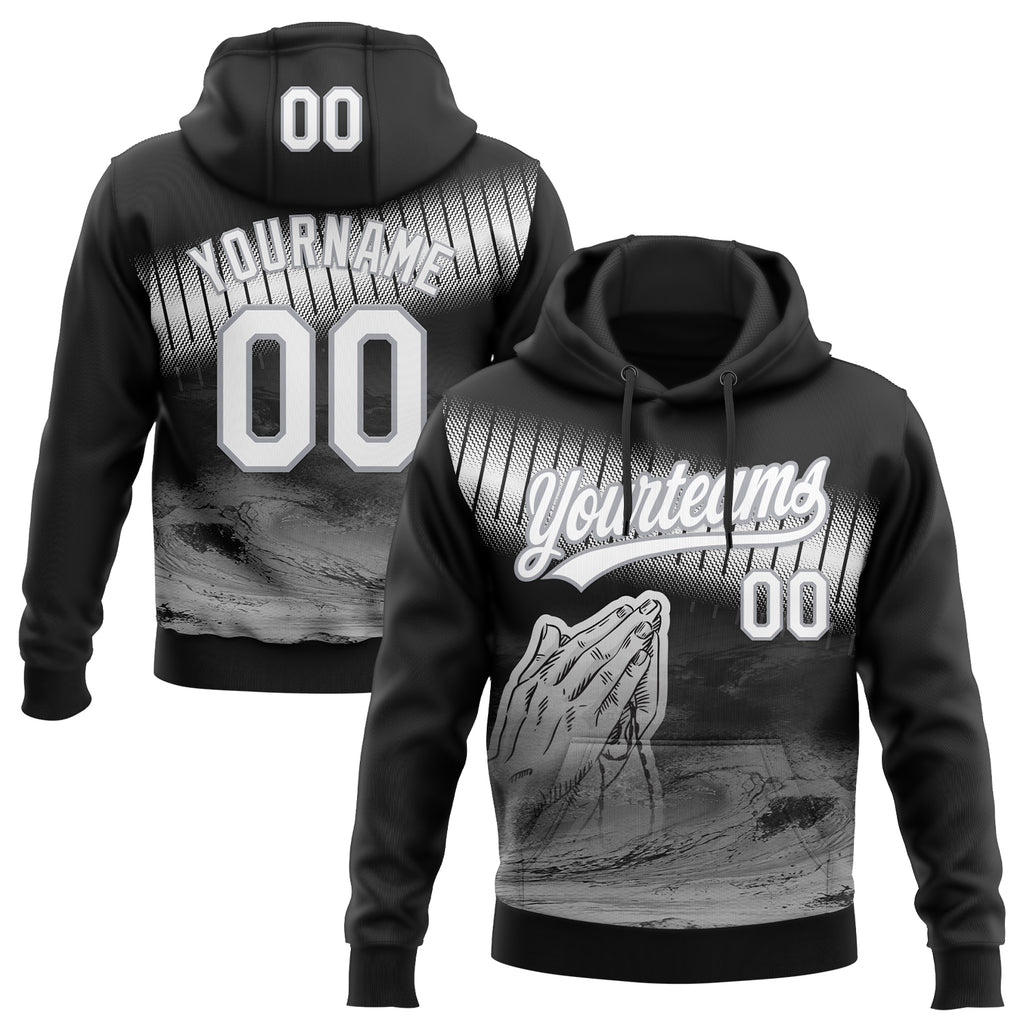 Custom Stitched Black White-Gray 3D Pattern Design Religion Praying Hands Pullover Sweatshirt Hoodie